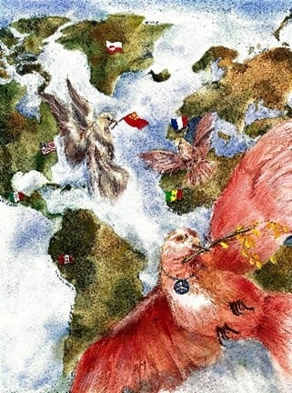 Colombe rouge de la paix – 62x57 – aquarelle